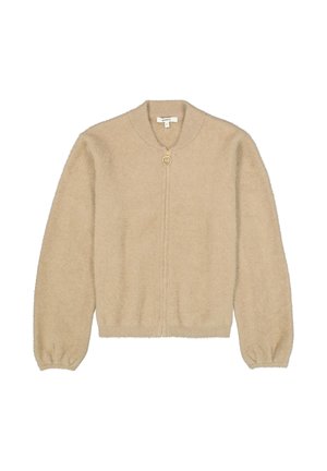 Beige gebreide cardigan met lange mouwen, ronde halslijn en een rits aan de voorkant. De stof is zacht met een fluffy textuur en geribde manchetten.
