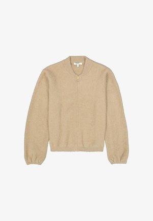 Beige Strickjacke mit langen Ärmeln, rundem Ausschnitt und einem Reißverschluss vorne. Der Stoff ist weich mit einer flauschigen Textur und gerippten Manschetten.