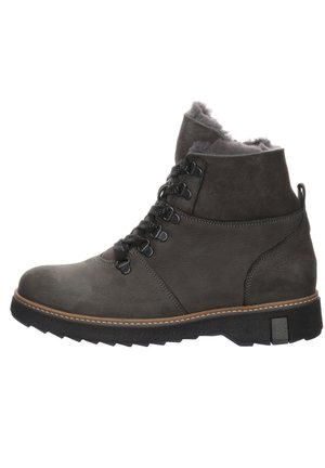 Graue Leder-Stiefeletten mit strukturiertem Finish, Schnürdesign und Fellfutter an der Oberseite, ausgestattet mit einer strapazierfähigen Gummisohle.