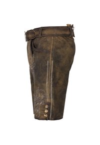 Brune læder shorts med dekorativ broderi, en talje med spænde, og tre knap detaljer på siden.