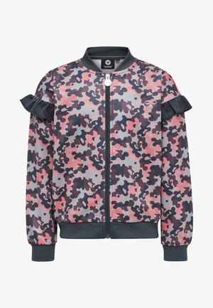 Maskáčová bomber bunda v růžových, námořnických a šedých odstínech. Disponuje volánovými akcenty na rukávech, předním zipem a ribovanými manžetami a lemem. Měkký materiál.