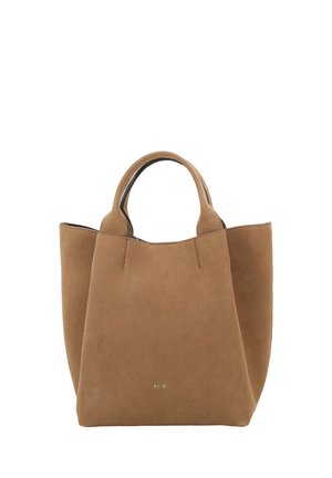 Borsa tote in camoscio marrone con due manici corti e piccolo logo del brand sul davanti al centro.