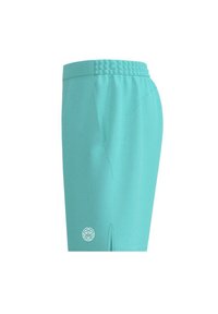 Pantalones cortos deportivos turquesa hechos de un tejido suave. Cuentan con una cintura elástica, bolsillo lateral y un detalle de logo cerca del dobladillo.
