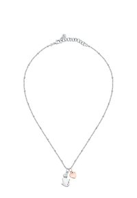 Collana d'argento con un pendente a forma di gatto e un piccolo charm a forma di cuore in oro rosa. La catena è delicata con un design a motivo.