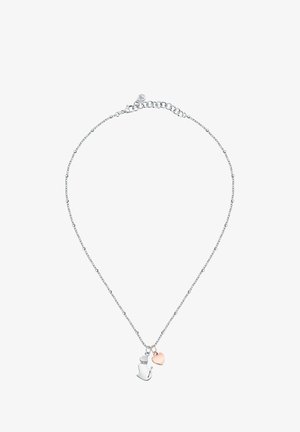 Collana d'argento con un pendente a forma di gatto e un piccolo charm a forma di cuore in oro rosa. La catena è delicata con un design a motivo.