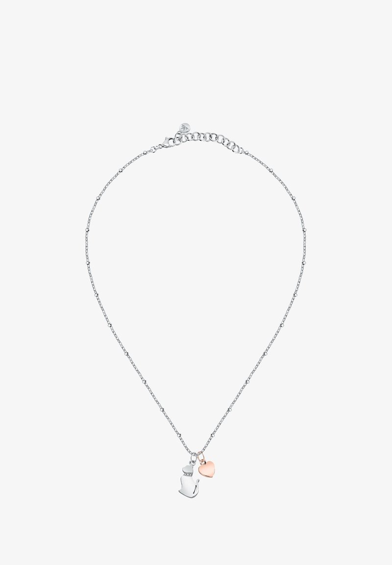 Collana d'argento con un pendente a forma di gatto e un piccolo charm a forma di cuore in oro rosa. La catena è delicata con un design a motivo.