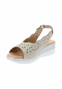 Sandalo grigio chiaro con design superiore perforato, punta aperta e suola bianca imbottita. Presenta una cinturino sul retro per una vestibilità sicura.