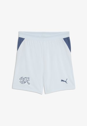 Białe szorty sportowe z ciemnoniebieskimi panelami po bokach, elastycznym pasem, logo Puma na prawej nogawce oraz stylizowanym emblematem na lewej nogawce.