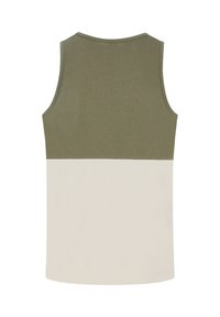 Top senza maniche bicolore verde oliva e crema. Tessuto di cotone liscio, scollatura rotonda e taglio dritto con orlo pulito.