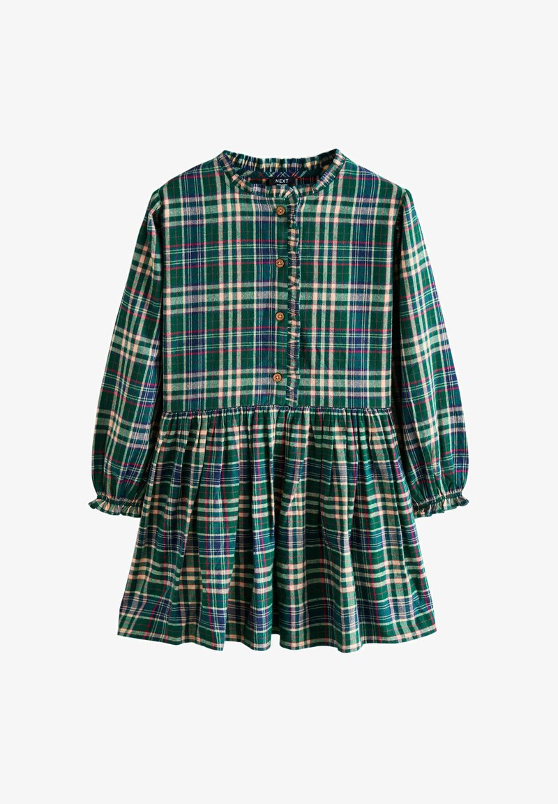 Robe longue à manches longues à carreaux verts avec des boutons en bois sur le devant, taille froncée et poignets élastiques, conçue pour les enfants.