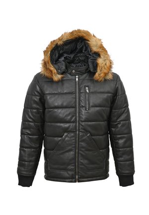 Zwarte pufferjack met een voering van bont in de capuchon, vooraan met rits, twee zijzakken en geribbelde manchetten. Glanzende afwerking met een gequiltde textuur.