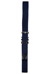 Ceinture élastique tissée bleu navy avec une boucle en métal argenté, des accents en cuir noir et un motif texturé sur toute la sangle.