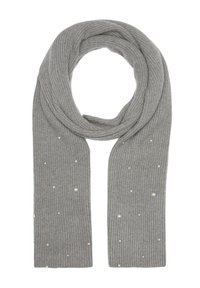 Écharpe grise à côtes avec des embellissements en perles blanches éparpillées, présentant une texture douce et une forme longue et rectangulaire.