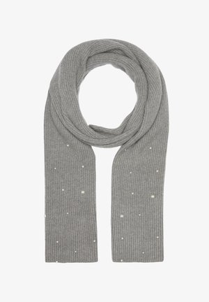 Grau gerippter Schal mit verstreuten weißen Perlenverzierungen, der eine weiche Textur und eine lange, rechteckige Form aufweist.