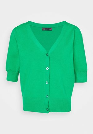 Felgroene korte mouw cardigan met knoopsluiting, V-hals, en geribbelde boorden en zoom, afgebeeld tegen een effen lichte achtergrond.