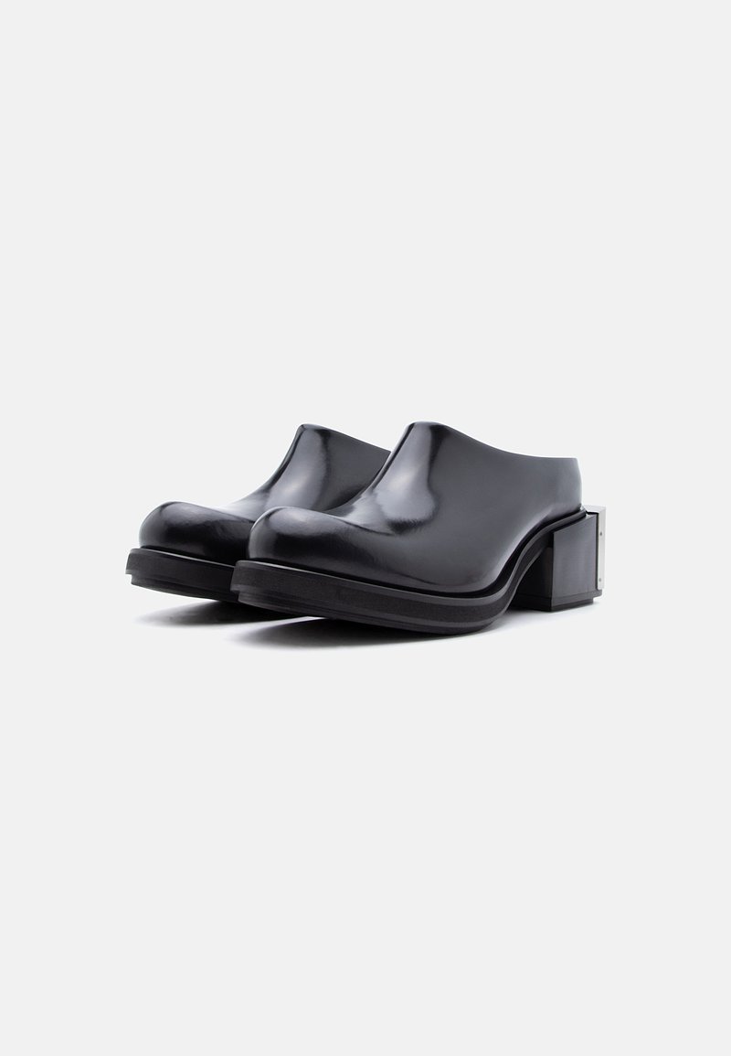 Pair of black, slip-on leather clogs with square block heels on a white background.