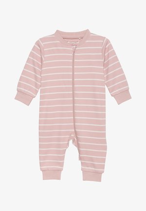 Roze gestreepte romper met ritssluiting, lange mouwen en elastische boorden. Gemaakt van zachte stof voor comfort.