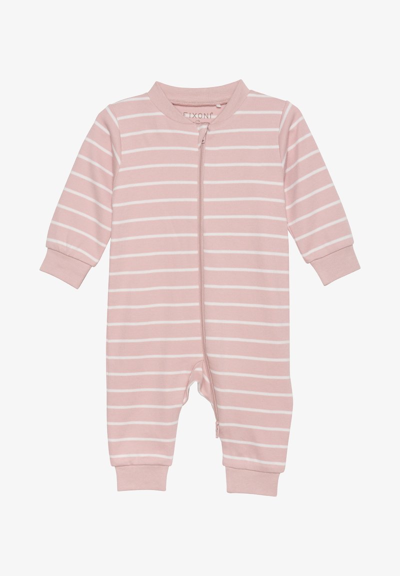 Roze gestreepte romper met ritssluiting, lange mouwen en elastische boorden. Gemaakt van zachte stof voor comfort.