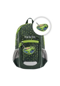 Grüner Rucksack mit einem Diamantenmuster, Netz-Seitentaschen und einem Dinosaurier-Reißverschluss. Verfügt über eine Vordertasche mit einem Dino-Design.