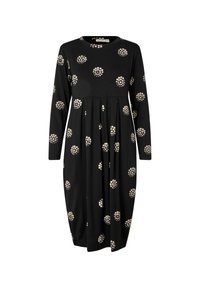 Černé dlouhé šaty s dlouhým rukávem vyrobené z měkké tkaniny, s kulatým výstřihem, nařaseným pasem a krémovými květinovými tečkami po celém povrchu.