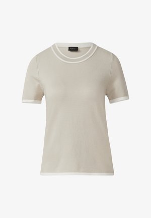 Light beige short-sleeve knit top with white trim on collar, sleeves, and hem, displayed against white background.