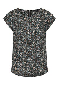 Blouse à imprimé floral marron foncé, ornée de fleurs turquoise, blanches et rouille. Manches courtes, col rond et fermeture éclair au dos.