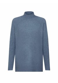 Blå turtleneck-tröja av mjukt tyg, med långa ärmar, ribbade mudd och en avslappnad passform med raglanärmar.