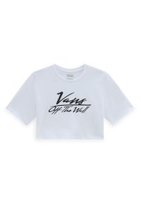 Camiseta blanca recortada de algodón, con mangas cortas y un logo negro de "Vans Off The Wall" en un diseño de escritura en el centro.