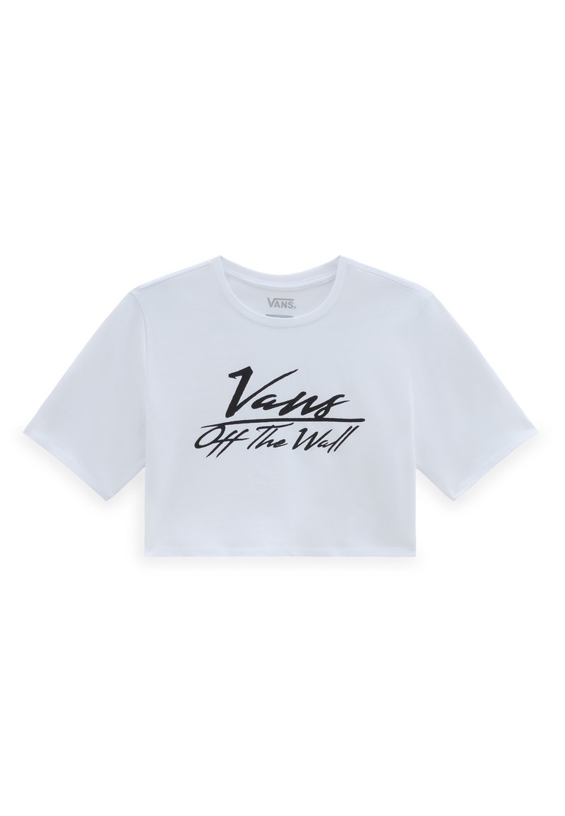 Camiseta blanca recortada de algodón, con mangas cortas y un logo negro de "Vans Off The Wall" en un diseño de escritura en el centro.