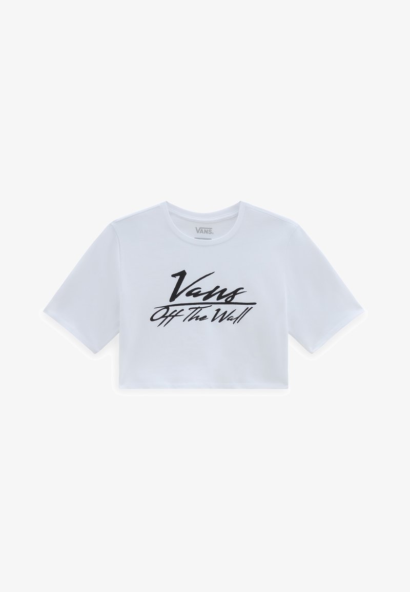 Hvid cropped t-shirt lavet af bomuld, med korte ærmer og et sort "Vans Off The Wall" logo i script-design i midten.