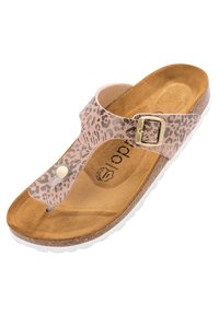 Sandalo infradito in ecopelle rosa chiaro con stampa leopardata, dotato di fibbia, soletta in sughero testurizzato e suola in gomma bianca.