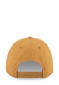 Regulowana czapka bejsbolowa w kolorze musztardowym pokazana z tyłu, z plastikowym zapięciem i otworami wentylacyjnymi.