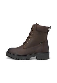 Bruine leren enkelboot met een ronde neus, gouden oogjes en een zwarte rubberen zool met diepe noppen voor grip.
