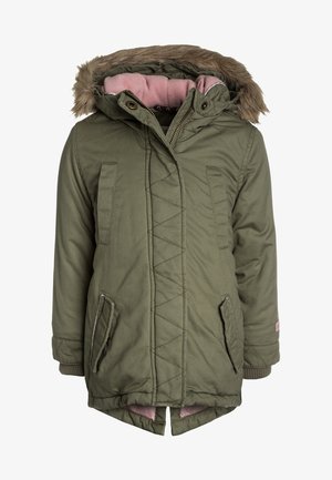 Green insulated jacket with a fur-lined hood, pink inner lining, diagonal quilted pattern, side pockets, and ribbed cuffs.