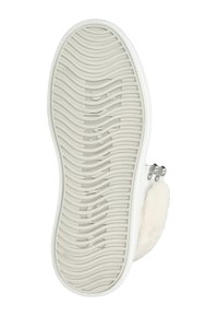 Witte sneakerzool met een gestructureerd rubberen oppervlak met golvende patronen. Zijkant met gestructureerde stofaccent in zacht wit en zilveren hardware.