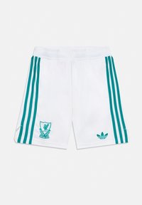 Valged jalgpallishortsid, mille külgedel on kaks tealist triipu, tealist tikandiga klubi logo ja Adidas logo hemme peal.
