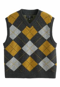 V-Ausschnitt, ärmelloser Pullover in Dunkelgrau mit Rautenmuster in Senfgelb und Hellgrau, gefertigt aus weichem Wollmischgewebe.