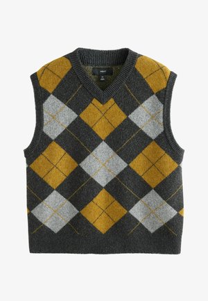 Tamsiai pilkas be rankovių megztinis su V formos iškirpte, puoštas deimanto formos raštu garstyčių geltonumo ir šviesiai pilkos spalvos, pagamintas iš minkštos vilnos mišinio medžiagos.