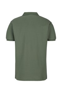 Olivgrünes Poloshirt mit kurzen Ärmeln, Kragen und schlichten Design. Hergestellt aus weichem Stoff mit glatter Textur. Rückansicht dargestellt.