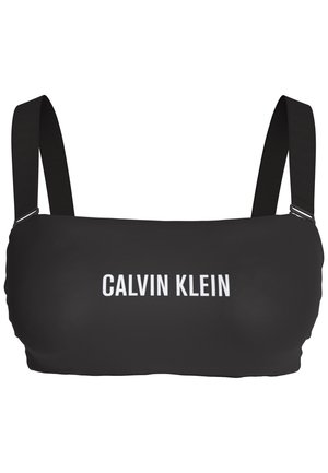 Μαύρο μπαντό μπικίνι Calvin Klein με ρυθμιζόμενους ιμάντες ώμου και λευκό λογότυπο της μάρκας στο κέντρο μπροστά.
