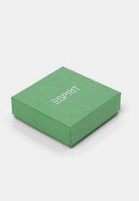 Grön pappkartong med en slät yta, med ordet "ESPRIT" tryckt i vitt på toppen. Fyrkantig form, utan ytterligare motiv.
