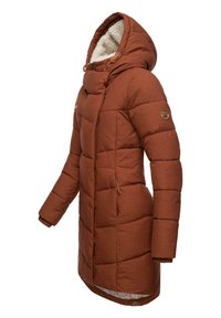 Puffer coat in brown fabric features a hood, zip front, quilted design, and elastic cuffs; lined with off-white faux fur.