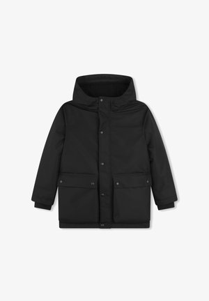 Veste isolée noire avec capuche, boutons-pression, deux poches avant et une finition lisse et mate. Un design de vêtements d'extérieur pratique.