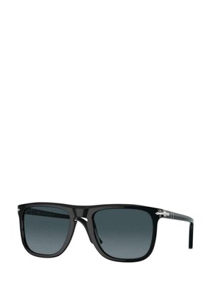 Gafas de sol de plástico negro con lentes gris oscuro, forma cuadrada, acentos plateados en la patilla y un acabado brillante y elegante.