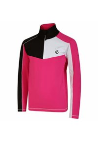 Jacke mit Reißverschluss im Farbblockdesign in Pink, Schwarz und Weiß. Das Material erscheint glatt, mit kontrastierenden Nähten und einem hohen Kragen.