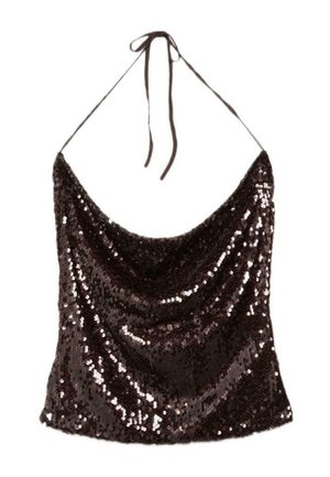 Zwarte pailletten haltertop met watervalhalslijn en dunne bandjes die aan de nek worden gestrikt, ontworpen voor feestelijke of avondkleding.