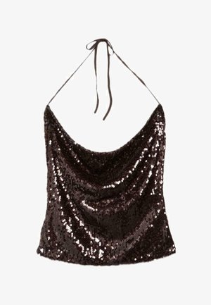 Zwarte pailletten haltertop met watervalhalslijn en dunne bandjes die aan de nek worden gestrikt, ontworpen voor feestelijke of avondkleding.