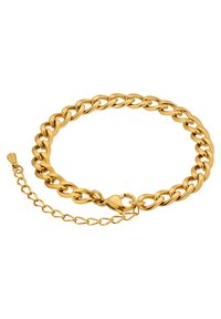 Bracciale in oro con spesse maglie intrecciate, dotato di chiusura a moschettone e catena di estensione per dimensioni regolabili.