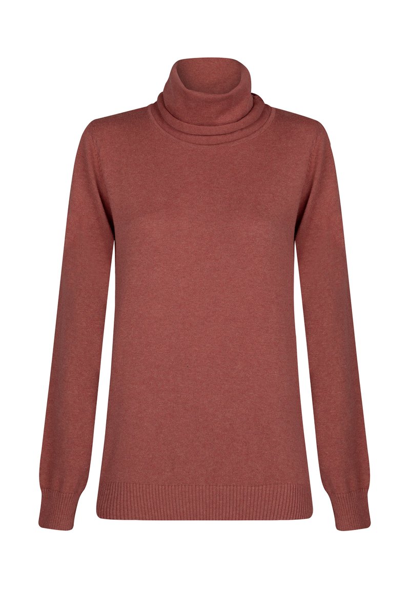Maglione con un alto colletto a imbuto piegato, maniche lunghe e una morbida texture a coste in un ricco colore terracotta.