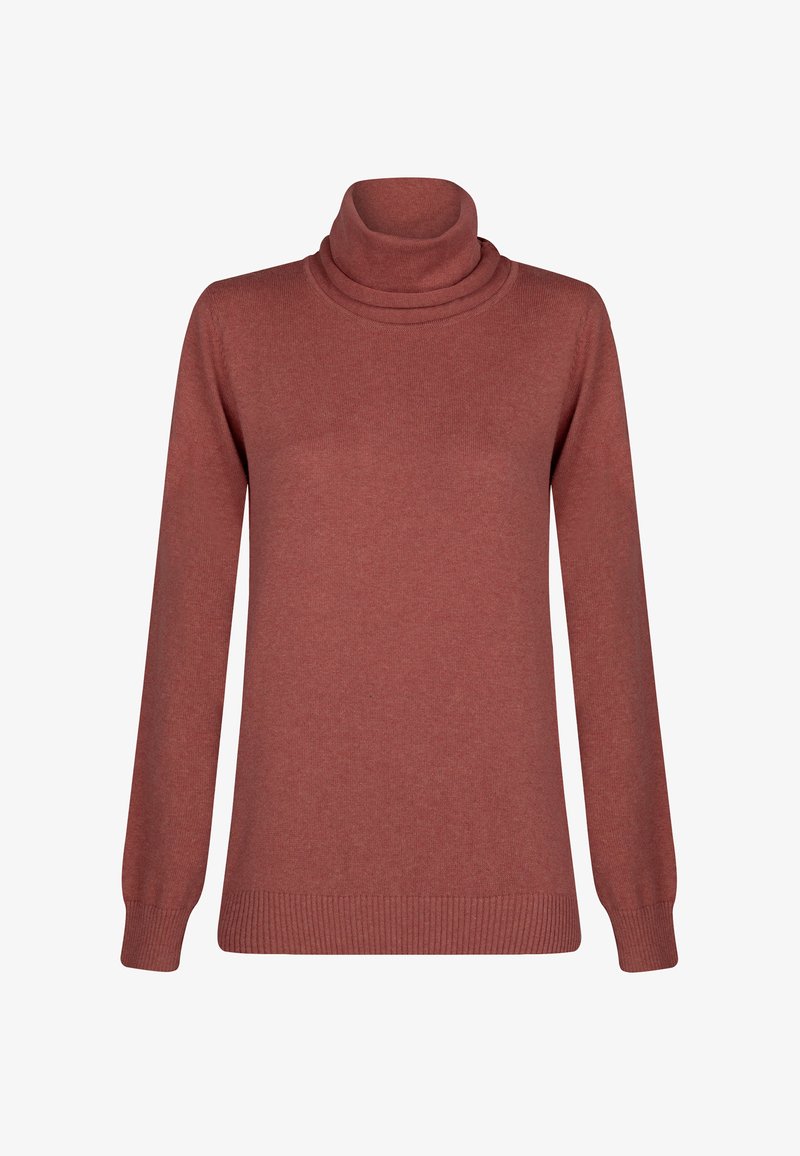Jersey con cuello alto doblado, mangas largas y una suave textura acanalada en un rico color terracota.